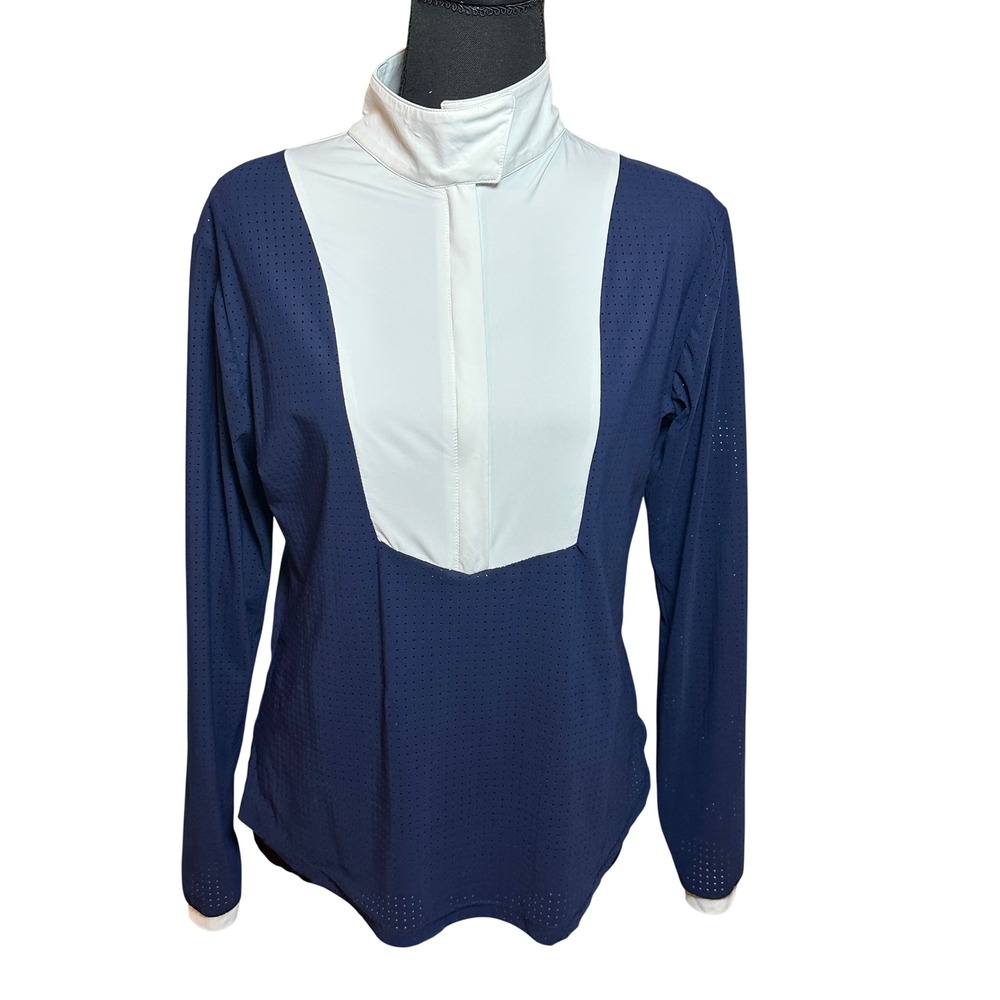 Kismet Equestrian Show Shirt Navy Blue White Mesh Long Sleeve Women Large
